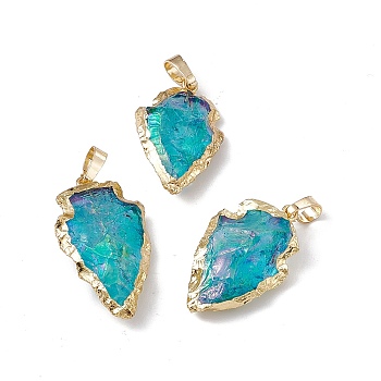 Electroplated Natural Quartz Crystal Pendants, Arrow Charms, with Rack Plating Golden Tone Brass Findings, Cyan, 29~35x18~19x7~9.5mm, Hole: 8x5mm
