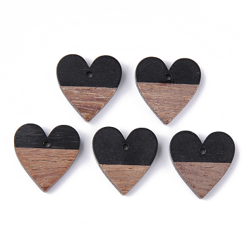 Resin & Walnut Wood Pendants, Heart, Black, 18x17.5x3.5~4mm, Hole: 1.5mm