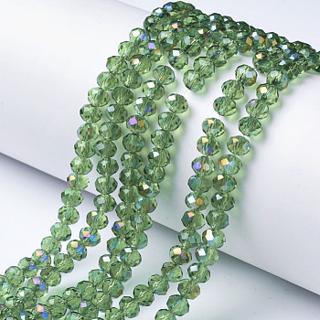 Electroplate Transparent Glass Beads Strands, Half Rainbow Plated, Faceted, Rondelle, Pale Green, 6x5mm, Hole: 1mm, about 92~94pcs/strand, 17~17.5 inch(42.5~43.75cm)
