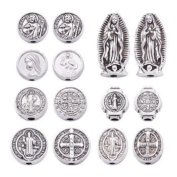 70pcs 7 Style Alloy Beads, Religion Theme, Mixed Shapes, Antique Silver & Silver, 9~18x8~10x2.5~6mm, Hole: 1~1.8mm