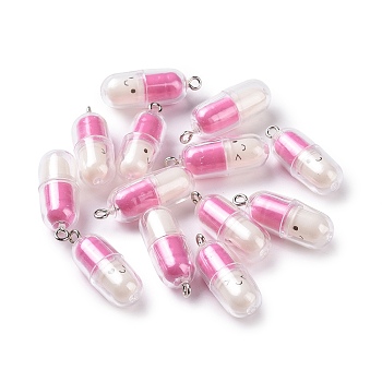 Translucent Plastic Pendants, Pill Capsule Charm, with Platinum Tone Iron Loops, Deep Pink, 29x10.5mm, Hole: 2mm