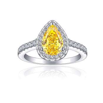 925 Sterling Silver Micro Pave Cubic Zirconia Plain Band Rings, Real Platinum Plated, Teardrop, Yellow, Inner Diameter: 17.4mm