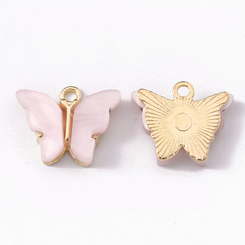 Alloy Acrylic Pendants, Butterfly, Light Gold, Lavender Blush, 14x16.5x3mm, Hole: 1.6mm