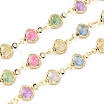 Colorful Handmade Flat Round Brass with Glass Link Chains, Soldered, Real 18K Gold Plated, 13.5x7x4mm(CHC-K017-03G)
