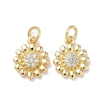 Brass Micro Pave Clear Cubic Zirconia Pendants, Long-Lasting Plated, Cadmium Free & Lead Free, Rack Plating, Sunflower Charms, Real 18K Gold Plated, 13.5x11x2.5mm, Jump Ring: 5x1.2mm, Inner Diameter: 3.5mm(KK-P349-10G)