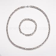 201 Stainless Steel Jewelry Sets, Byzantine Chain Necklaces and Bracelets, Stainless Steel Color, 23.23 inch(590mm), 9 inch(230mm)(SJEW-K061-01P-6mm)