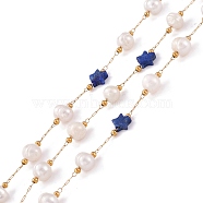 Natural Lapis Lazuli Star and Pearl Beaded Chains, with Stainless Steel Findings, Long-Lasting Plated, Soldered, with Spool, Golden, Link: 2x0.5x0.1mm, Bead: 5.5~7x5.5~6mm, Star: 6x6~6.5x2.5~3mm(CHS-I018-01G-06)
