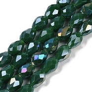 Opaque Solid Color Electroplate Glass Beads Strands, AB Color Plated, Faceted, Teardrop, Dark Green, 11.5x8mm, Hole: 1.2mm, about 55~57pcs/strand, 25.59 inch(65cm)(EGLA-N013-P8mm-B04)