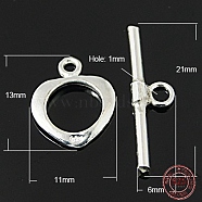 925 Sterling Silver Toggle Clasps, Ring: 13x11mm,  Bar: 21x6mm, Hole: 1mm(STER-A008-36)