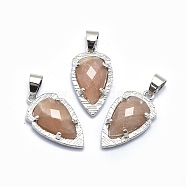Natural Sunstone Pendants, with Brass Findings, teardrop, Faceted, Platinum, 23.5x12.5x5.5mm, Hole: 4.5x5mm(G-O176D-10P)
