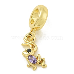 Rack Plating Brass Pave Black & Medium Purple Cubic Zirconia Ant European Dangle Charms, Large Hole Pendants, Lead Free & Cadmium Free, Long-Lasting Plated, Real 18K Gold Plated, 20.5mm, Hole: 4.6mm(KK-Z067-58G)