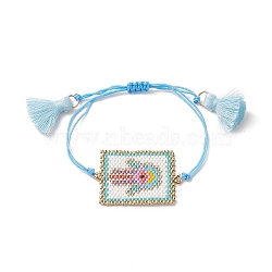 Handmade Japanese Seed Rectangle Braided Bead Bracelets, Tassel Charm Bracelet for Women, Palm Pattern, Pendant: 40x27x1.5mm, Maximum Inner Diameter: 3-1/2 inch(9cm)(BJEW-MZ00022-01)