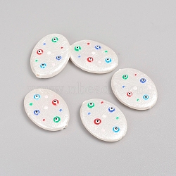 Paint Sprayed Shell Pearl Beads, with Enamel, Polished, Oval with Evil Eye, White, 22.5x16.5x4~4.5mm, Hole: 0.8mm(BSHE-I010-05)