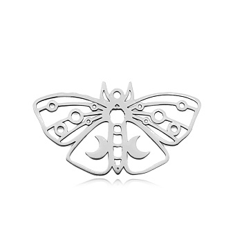 Non-Tarnish 304 Stainless Steel Pendants, Laser Cut, Moth, Stainless Steel Color, 20.5x36x1mm, Hole: 1.6mm