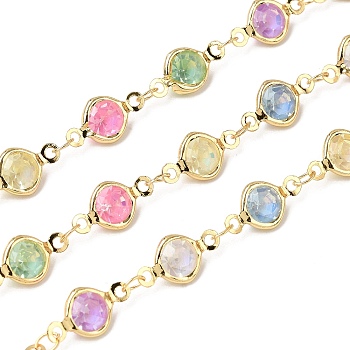Colorful Handmade Flat Round Brass with Glass Link Chains, Soldered, Real 18K Gold Plated, 13.5x7x4mm
