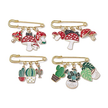 4Pcs 4 Styles Mushroom Cactus Enamel Charms Brooch, Alloy Safety Kilt Pin Brooch, Mixed Color, 50x12x5mm, 1pc/style