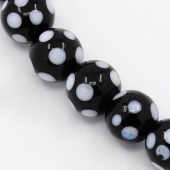Handmade Lampwork Round Beads Strands, polka-dotted, Black, 12mm, Hole: 2mm, about 23pcs/strand, 13.5 inch