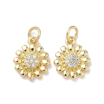 Brass Micro Pave Clear Cubic Zirconia Pendants, Long-Lasting Plated, Cadmium Free & Lead Free, Rack Plating, Sunflower Charms, Real 18K Gold Plated, 13.5x11x2.5mm, Jump Ring: 5x1.2mm, Inner Diameter: 3.5mm