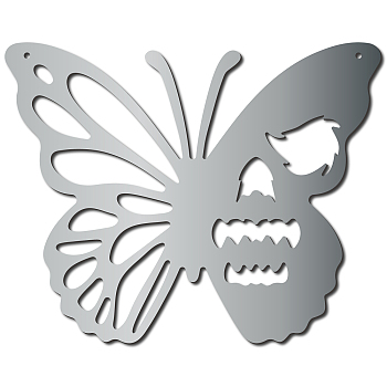 Iron Hanging Decors, Metal Art Wall Decoration, Butterfly with Skull, for Living Room, Home, Office, Garden, Kitchen, Hotel, Balcony, with Wall Anchor & Screw, Silver Color Plated, 240x300x1mm
