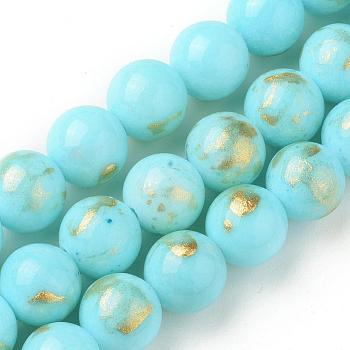Natural Jade Beads Strands, with Gold Foil, Dyed, Round, Light Sky Blue, 4mm, Hole: 1mm, about 92~95pcs/strand ,14.96 inch(38cm)