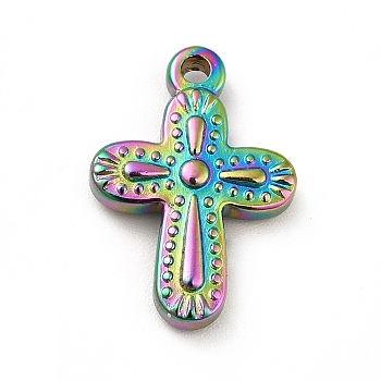 Ion Plating(IP) 304 Stainless Steel Pendants, Cross Charms, Rainbow Color, 19x13.5x3mm, Hole: 1.6mm