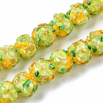 Handmade Lampwork Beads Strands, Bumpy, Round with Flower, Green Yellow, 12~13x11~12mm, Hole: 1mm, about 45pcs/strand, 19.29 inch(49cm)