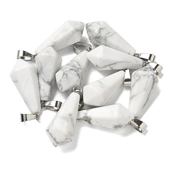 Natural Howlite Pointed Pendants, Faceted Bullet Shape Charms with 201 Stainless Steel Snap on Bails, Stainless Steel Color, 27~30.5x13x13mm, Hole: 4x7mm