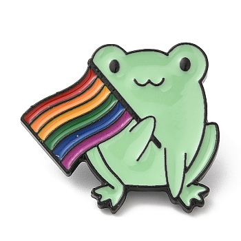 Alloy Enamel Pins, Rainbow Pride Flag Frog Brooches, Electrophoresis Black, 24x27x1.8mm