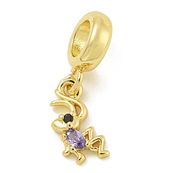 Rack Plating Brass Pave Black & Medium Purple Cubic Zirconia Ant European Dangle Charms, Large Hole Pendants, Lead Free & Cadmium Free, Long-Lasting Plated, Real 18K Gold Plated, 20.5mm, Hole: 4.6mm