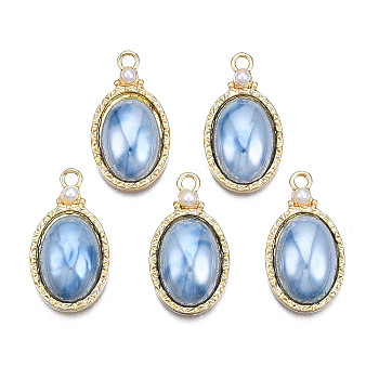 Rack Plating Alloy Pendants, with Porcelain and ABS Plastic Imitation Pearl, Long-Lasting Plated, Golden, Cadmium Free & Lead Free, Oval, Blue, 23.5x13x5.5mm, Hole: 2mm