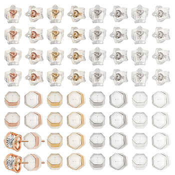 CHGCRAFT 64Pcs 8 Styles Silicone Ear Nuts, Earring Backs, with Brass Findings, Star & Hexagon, Clear, Mixed Color, 6x6~7x4.5~5mm, Hole: 0.7mm, 8pcs/style
