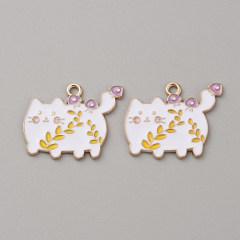 Golden Plated Alloy Enamel Pendants, Cat Shape, 21x26x1mm, Hole: 1.8mm