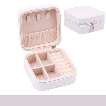 Square PU Leather Jewelry Set Box, Travel Portable Jewelry Case, Zipper Storage Boxes, for Necklaces, Rings, Earrings and Pendants, White, 10x10x5cm