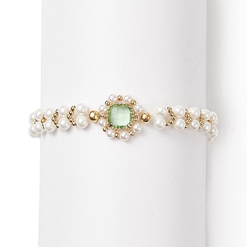 Glass & Shell Pearl Bead Bracele, Dainty Braided Beaded Bracelet for Women, Light Green, 7-1/2 inch(19cm)