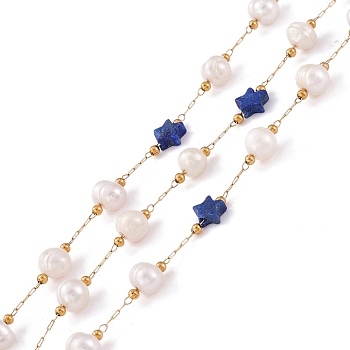 Natural Lapis Lazuli Star and Pearl Beaded Chains, with Stainless Steel Findings, Long-Lasting Plated, Soldered, with Spool, Golden, Link: 2x0.5x0.1mm, Bead: 5.5~7x5.5~6mm, Star: 6x6~6.5x2.5~3mm