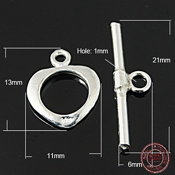 925 Sterling Silver Toggle Clasps, Ring: 13x11mm,  Bar: 21x6mm, Hole: 1mm