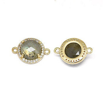 Natural Labradorite Links connectors, with Brass Findings and Cubic Zirconia, Faceted, Half Round, Golden, 18~18.5x13~13.5x4~4.5mm, Hole: 1.5mm