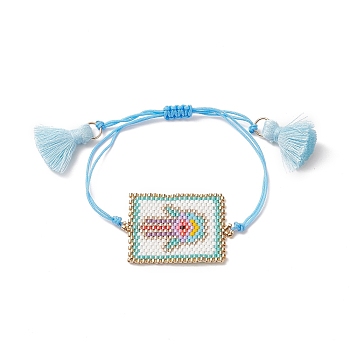 Handmade Japanese Seed Rectangle Braided Bead Bracelets, Tassel Charm Bracelet for Women, Palm Pattern, Pendant: 40x27x1.5mm, Maximum Inner Diameter: 3-1/2 inch(9cm)