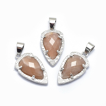 Natural Sunstone Pendants, with Brass Findings, teardrop, Faceted, Platinum, 23.5x12.5x5.5mm, Hole: 4.5x5mm