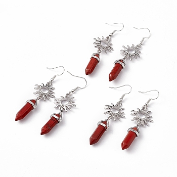 Natural Red Jasper Bullet with Sun Dangle Earrings, Platinum Brass Long Drop Earrings for Women, 60mm, Pin: 0.6mm