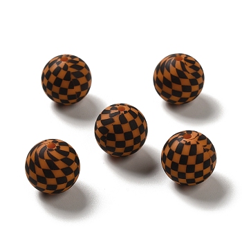 Opaque Silicone Beads, Round with Tartan, Saddle Brown, 15x14.5mm, Hole: 2.3mm