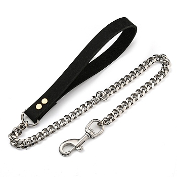 304 Stainless Steel Chains, with Zinc Alloy Clasp and Cowhide, Black, 83x2.3cm