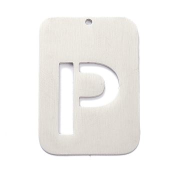 304 Stainless Steel Pendants, Rectangle with Alphabet, Hollow, Letter.P, 32x22x1mm, Hole: 1.5mm