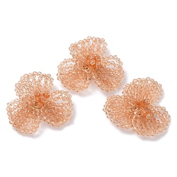 Glass Beaded Cabochons, Cluster Beads, with Golden Plated Brass Perforated Disc Settings, Flower, Light Salmon, 14x40x34mm