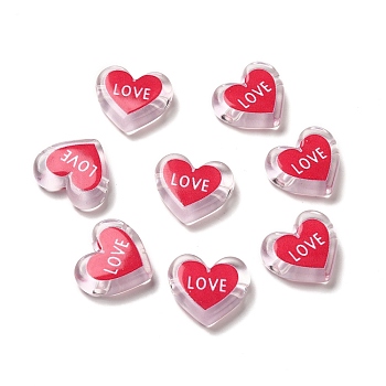 Printed Transparent Acrylic Beads, Heart with LOVE, Deep Pink, 17.5x20x5mm, Hole: 3mm