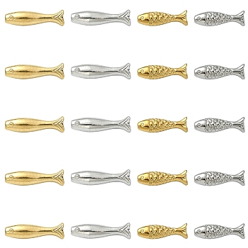 20Pcs 4 Styles 304 Stainless Steel Beads, Ion Plating(IP), Fish, Golden & Stainless Steel Color, 14.5~16.5x4.5~5x4~4.5mm, Hole: 1mm, 5pcs/style
