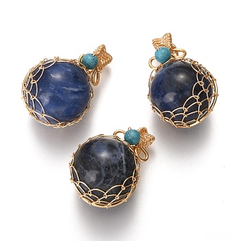 Natural Sodalite & Turquoise Pendants, with Golden Brass Findings, Round, 26.5~28x17~17.5x16.5mm, Hole: 3~5X2.5~3.5mm