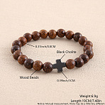 Natural Wood Round Beaded Stretch Bracelets for Men Women, Cross, with Synthetic Non-magnetic Hematite Bead, Inner Diameter: 7-1/2 inch(19cm)(OI3299-5)