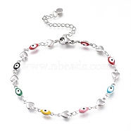 304 Stainless Steel Link Bracelets, with Enamel and Lobster Claw Clasps, Evil Eye & Heart, Stainless Steel Color, Colorful, 8-1/4 inch(21cm), Eye: 11x4x2.5mm(BJEW-M203-05P-D)