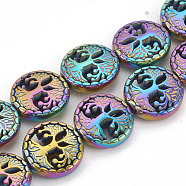 Electroplate Non-magnetic Synthetic Hematite Beads Strands, Flat Round with Tree of Life, Multi-color Plated, 12~12.5x4~4.5mm, Hole: 1mm, about 30pcs/strand, 14.56 inch(G-N0322-03F)